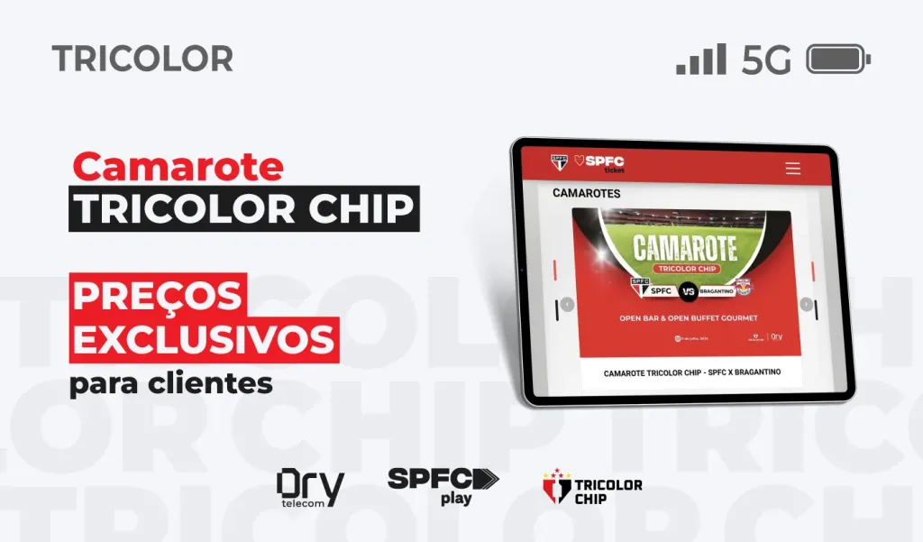 Cliente Tricolor Chip tem preços exclusivos no Camarote Dry Telecom/Tricolor Chip/SPFC Play!